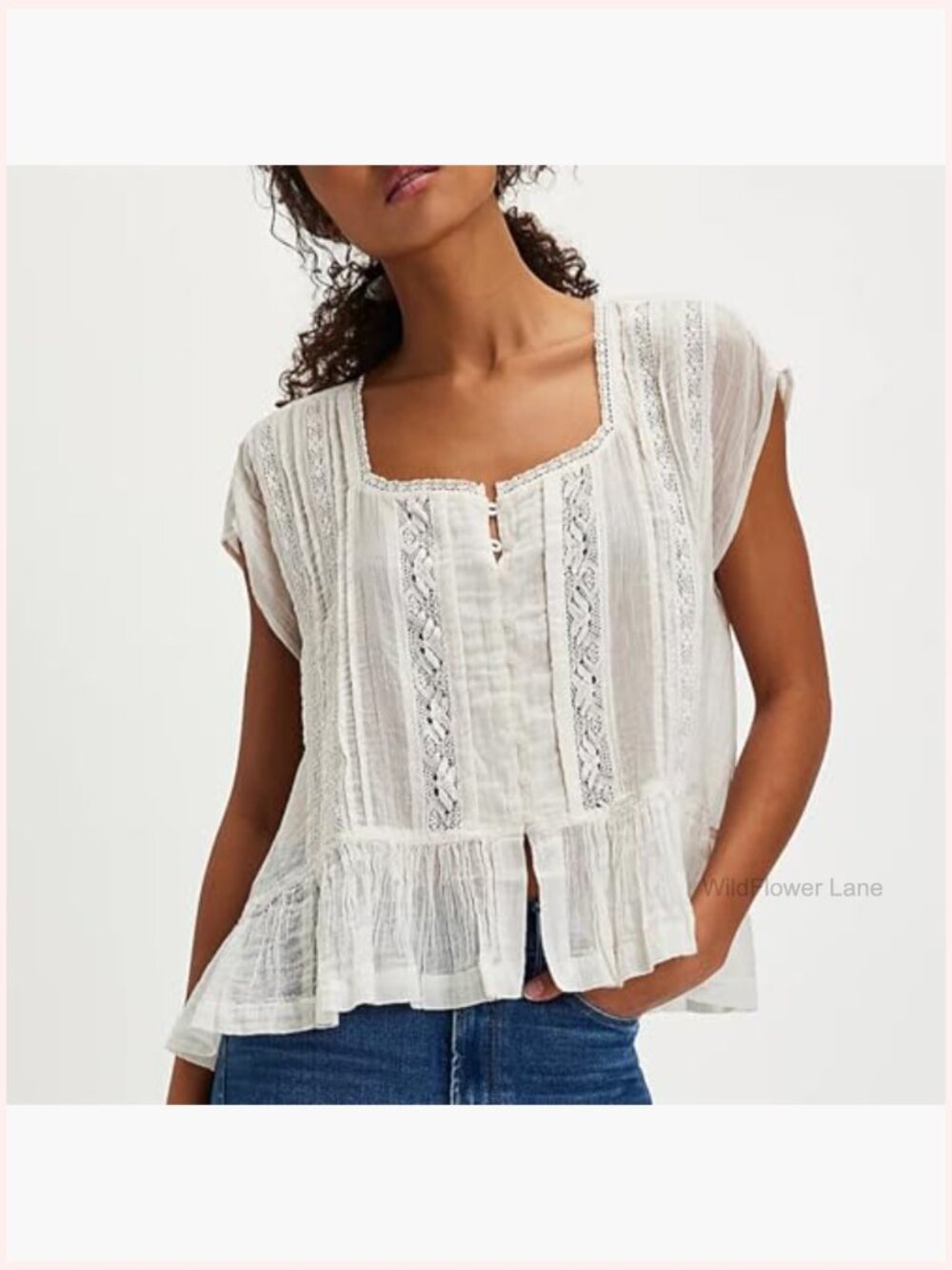 Semi Sheer Lace Trim Button Down Blouse Y2k Streetwear Top - Picture 3 of 4